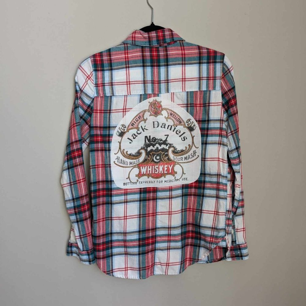 Jack Daniels Whiskey Women's Custom Flannel Button Down Shirt Red Green Sz S